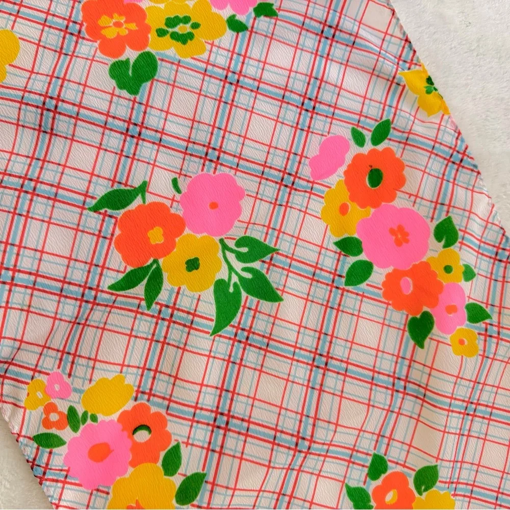 Vintage Rectangular Neck Scarf Bright Floral Grid Plaid Pink Yellow Orange